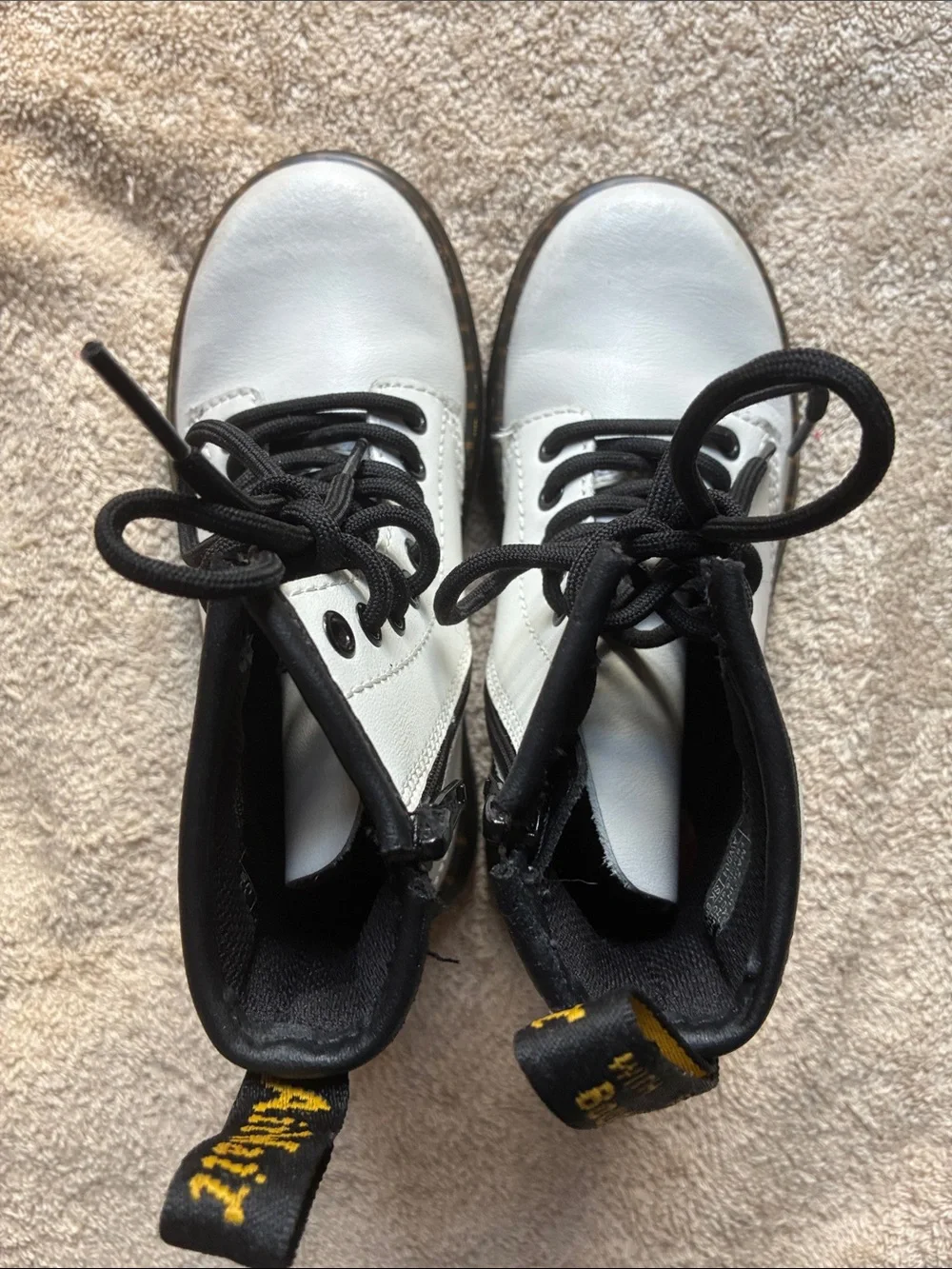 Dr. Martens 11 Kids White Lace-Up Combat Boots with Black Accents